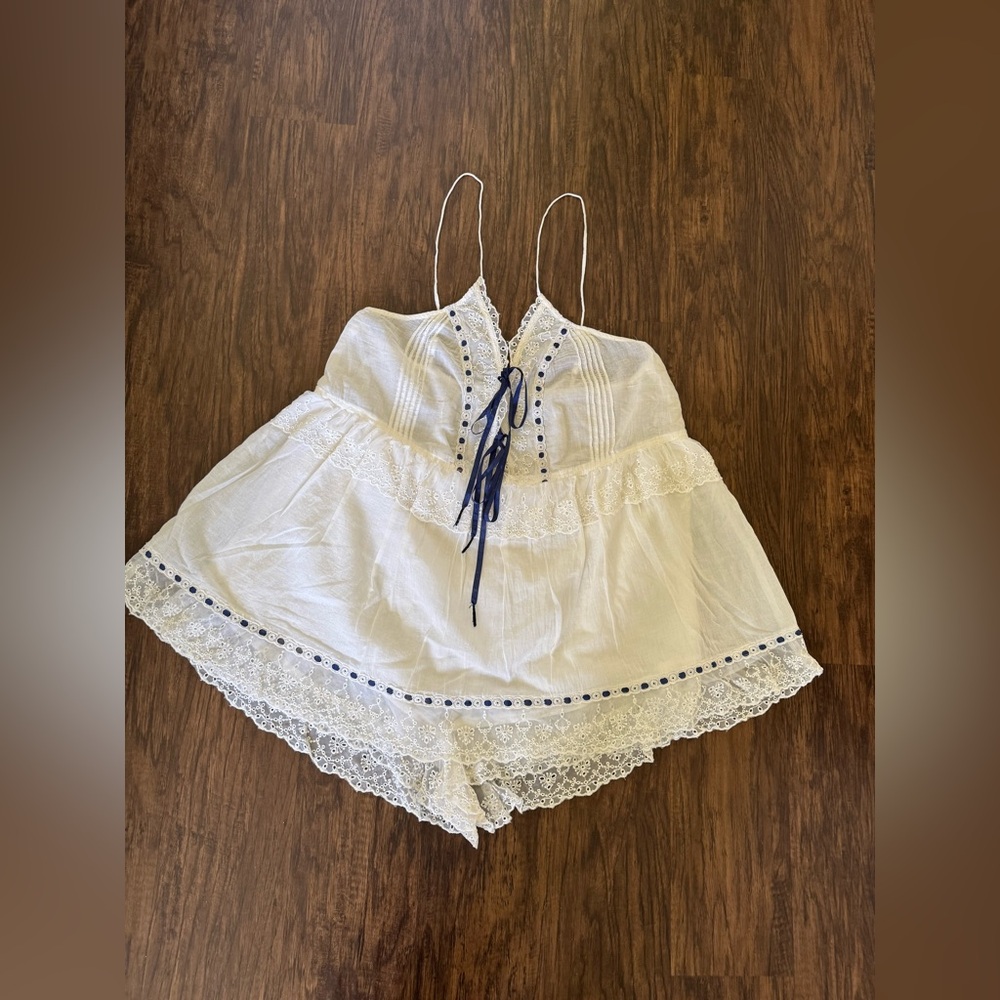 Free People White and Blue Lace Trim romper - Picture 1 of 9